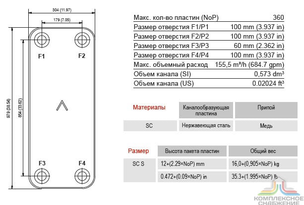 Габаритный чертёж и параметры паяного пластинчатого теплообменника SWEP S500T