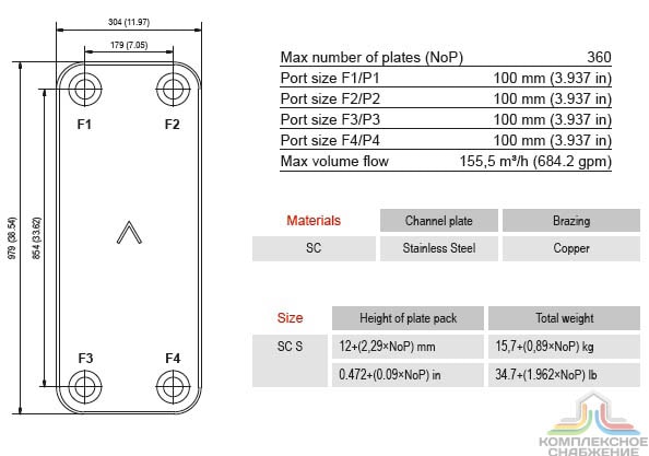 Габаритный чертёж и параметры паяного пластинчатого теплообменника SWEP B439